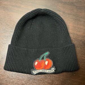 Fiorucci Safety Jeans Black Beanie with Cherry Patch NWOT